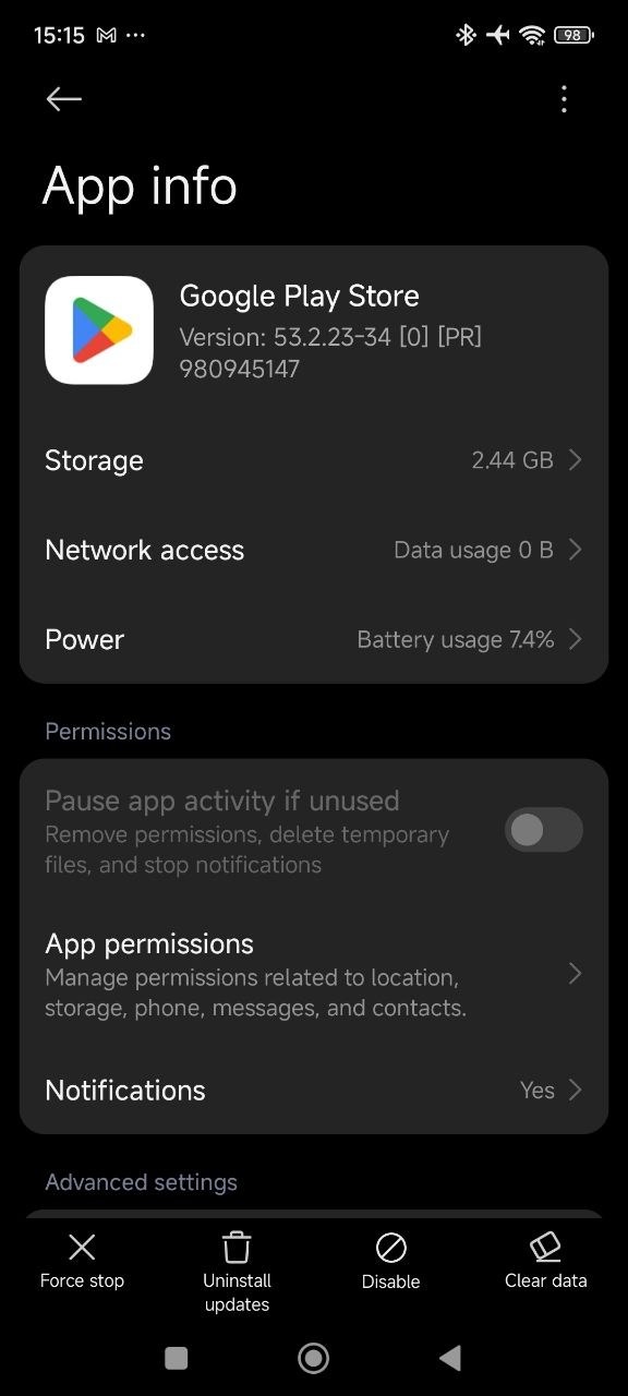 Google Play Store app info, with Uninstall updates along the bottom