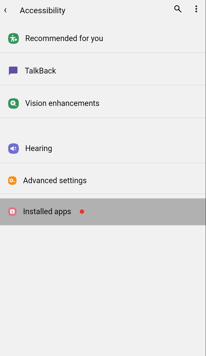 Accessibility settings with Installed apps highlighted